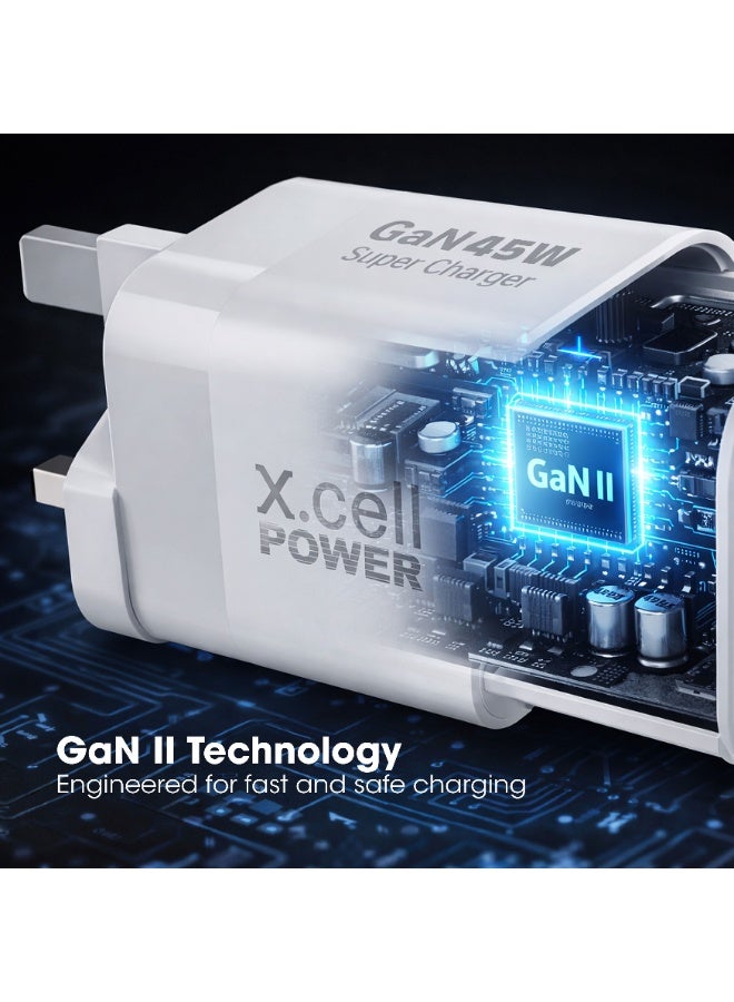 Xcell 45W GaN II USB-C Fast Charger with 65cm Retractable Cable, 3-Port Fast Charging (2 USB-C PD + USB-A QC 3.0), PPS Support, Compact Wall Charger for iPhone 16/17, Samsung & USB-C Devices, Black - Image 3